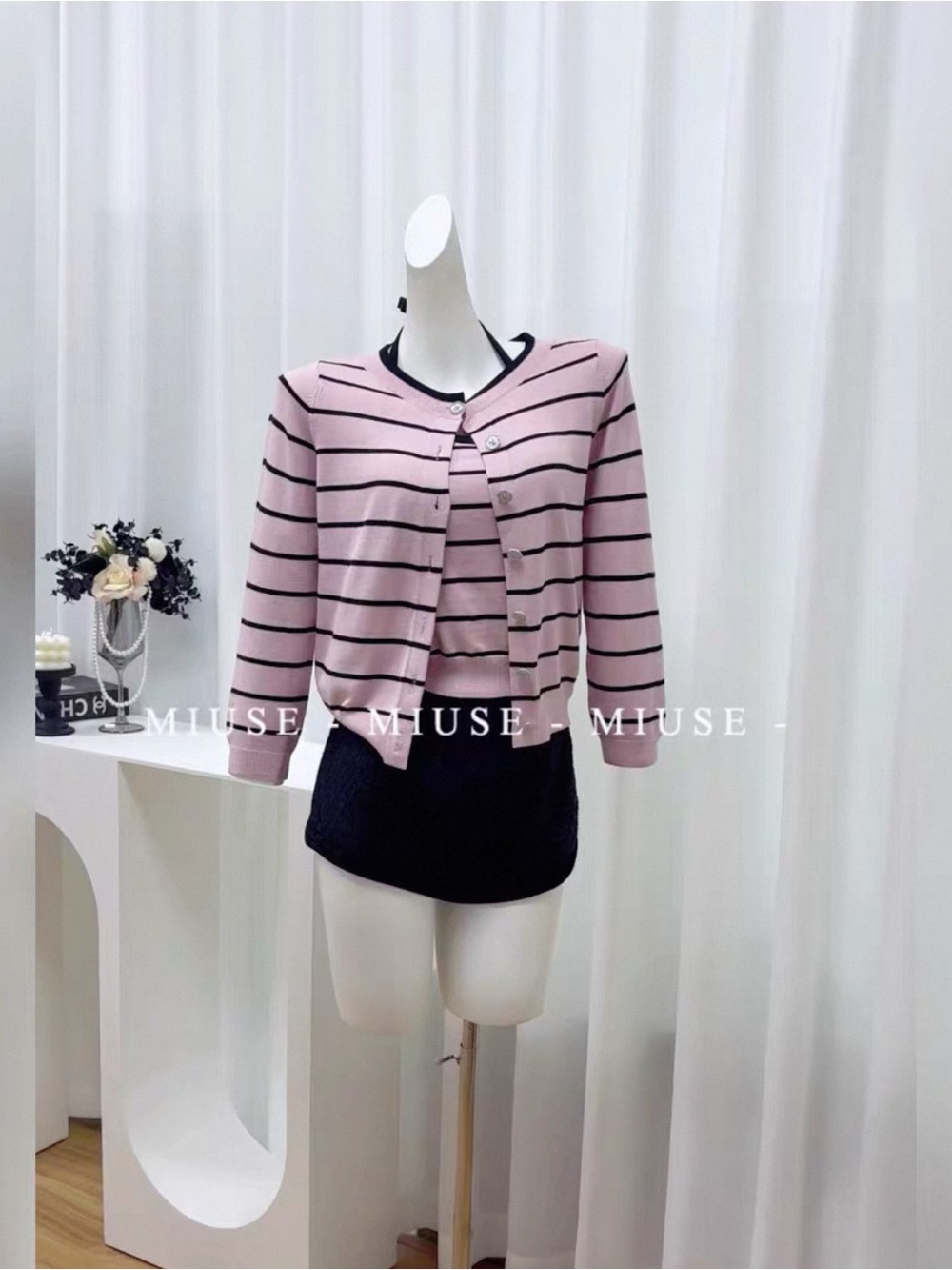 Striped Pink and Black Knit Cardigan and Tank Set
